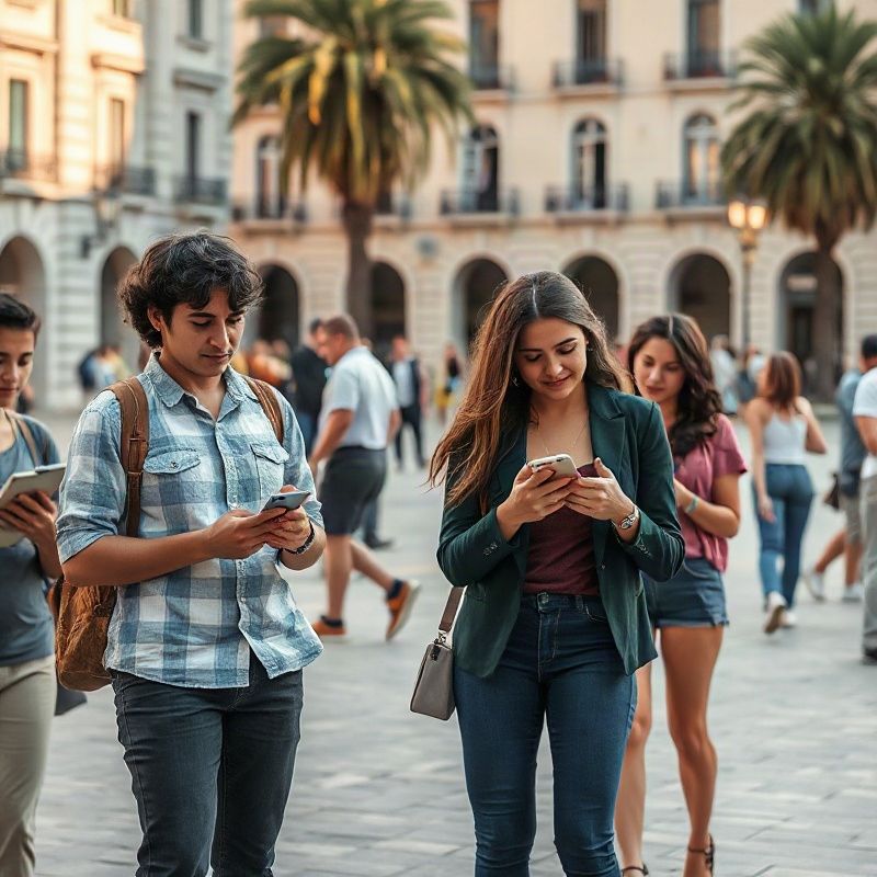 Jóvenes en una plaza pública en Paysandú revisando documentos