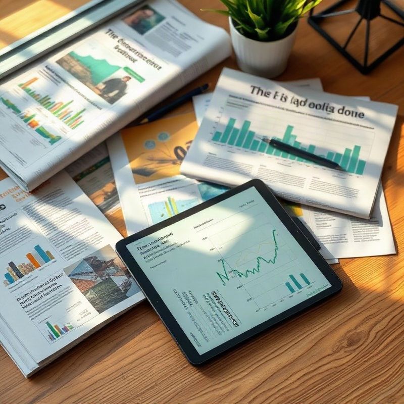 Reportes económicos impresos y tablet con visualizaciones de datos